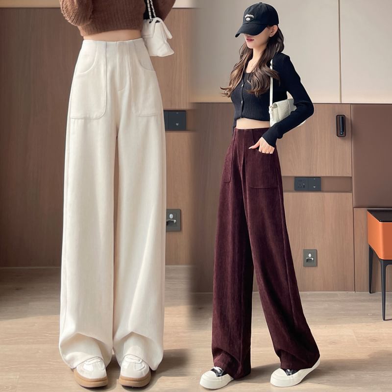 High Rise Plain Corduroy Wide Leg Pants SpreePicky