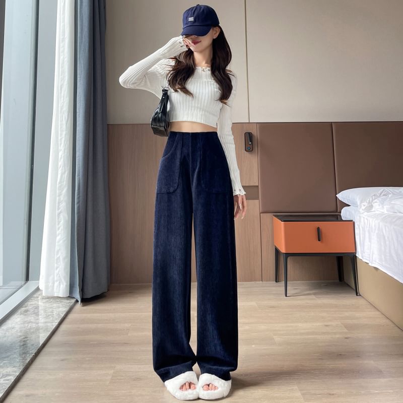 High Rise Plain Corduroy Wide Leg Pants SpreePicky