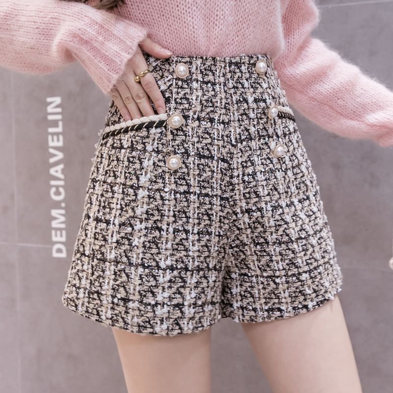 High Waist Plaid Faux Pearl Shorts SpreePicky