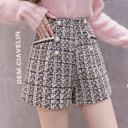 High Waist Plaid Faux Pearl Shorts SpreePicky