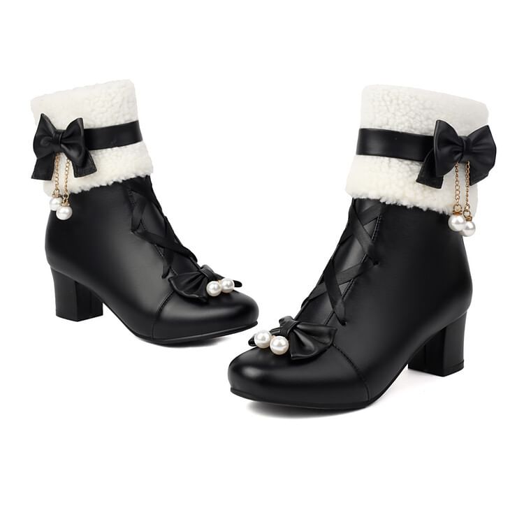 Bow Fleece Panel Chunky Heel Short Boots SpreePicky