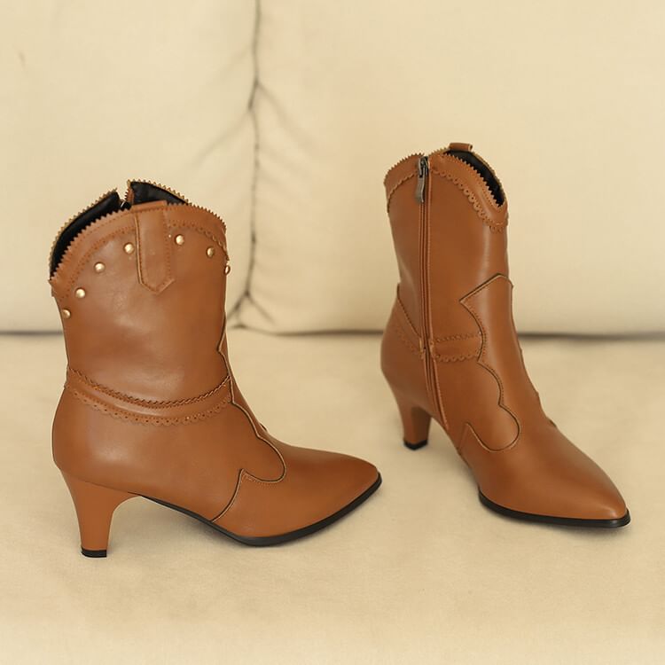 Studded Chunky Heel Short Boots SpreePicky