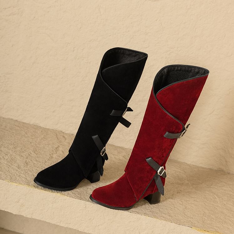 Buckled Asymmetrical Chunky Heel Tall Boots SpreePicky