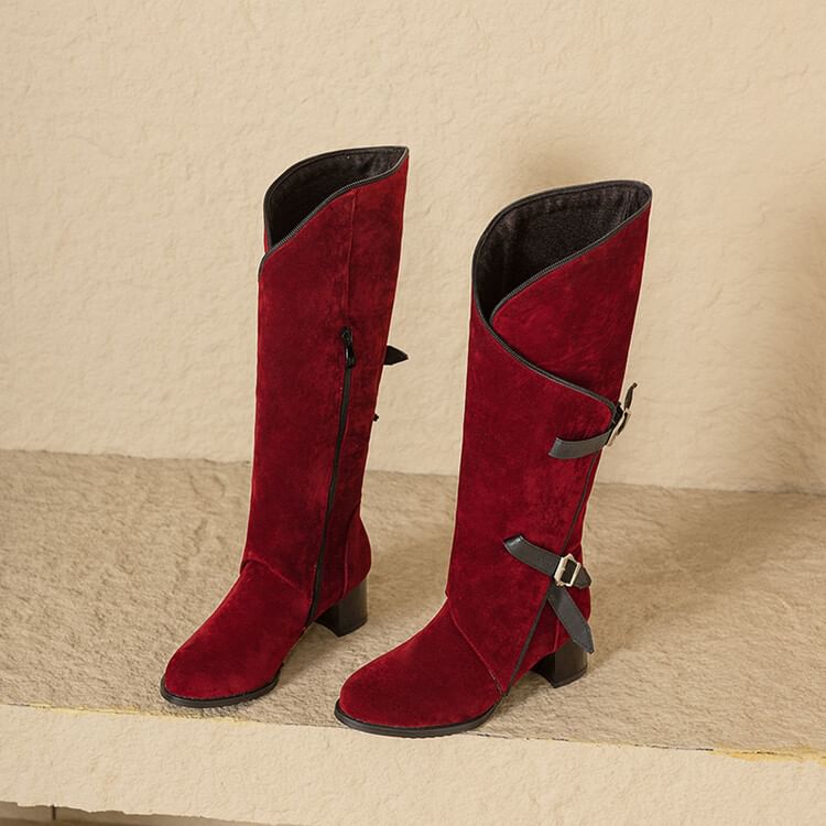 Buckled Asymmetrical Chunky Heel Tall Boots SpreePicky