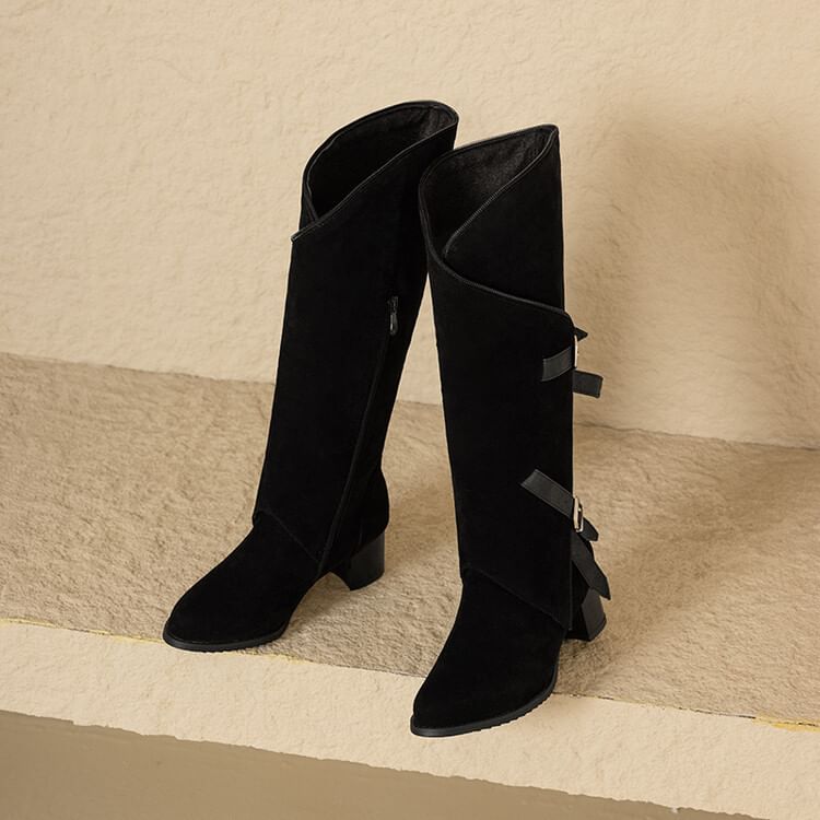 Buckled Asymmetrical Chunky Heel Tall Boots SpreePicky