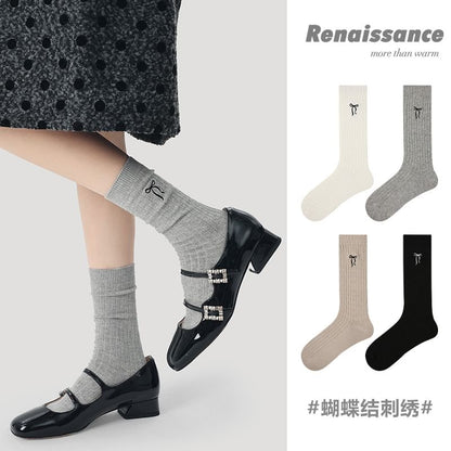 Bow Embroidered Ribbed Short Socks SpreePicky