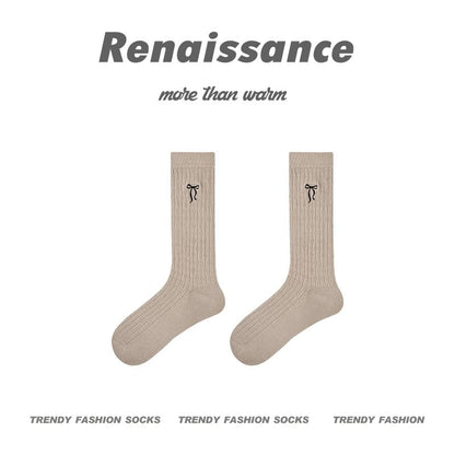 Bow Embroidered Ribbed Short Socks SpreePicky