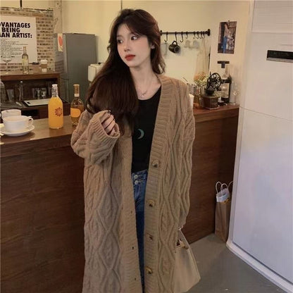 Cable-Knit V-Neck Long Cardigan SpreePicky