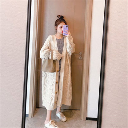 Cable-Knit V-Neck Long Cardigan SpreePicky