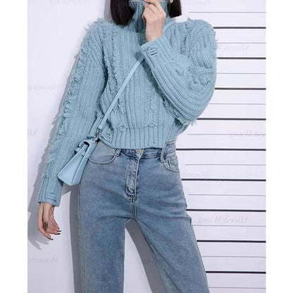 Distressed Turtleneck Cropped Sweater in 5 Colors SpreePicky