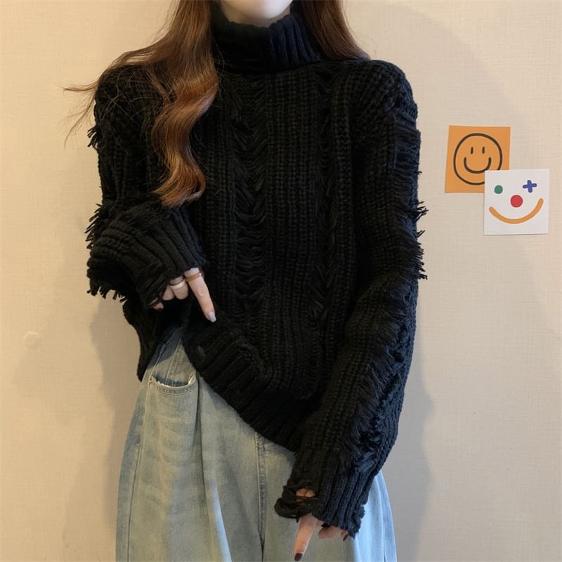 Distressed Turtleneck Cropped Sweater in 5 Colors SpreePicky