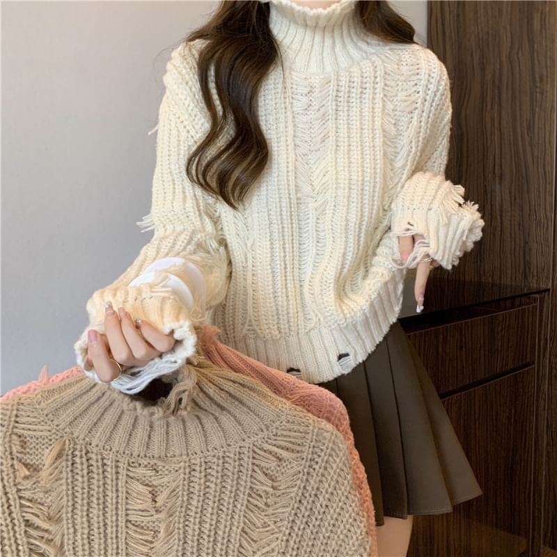 Distressed Turtleneck Cropped Sweater in 5 Colors SpreePicky