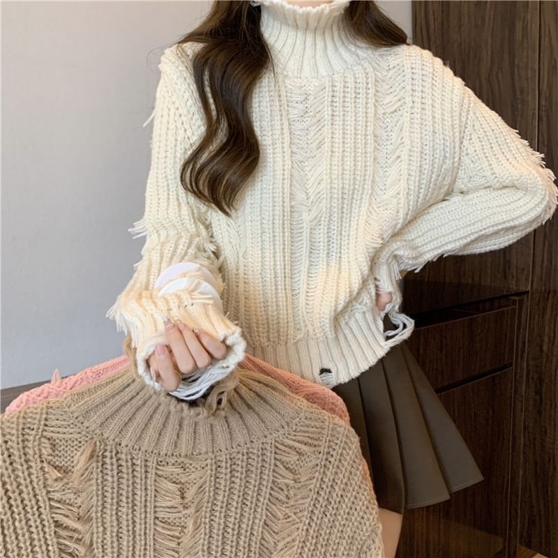 Distressed Turtleneck Cropped Sweater in 5 Colors SpreePicky