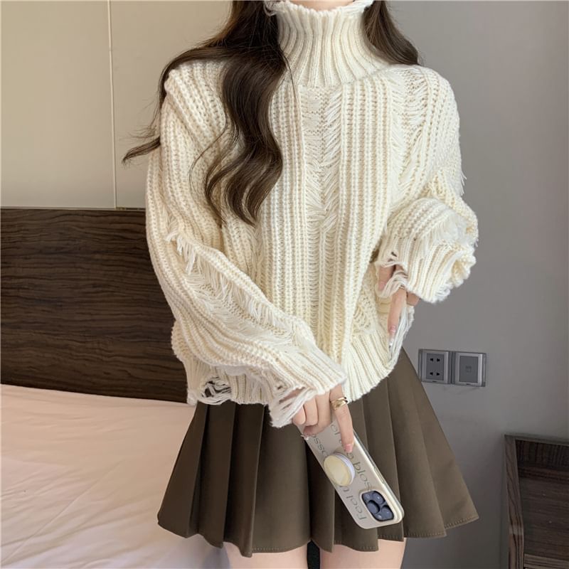 Distressed Turtleneck Cropped Sweater in 5 Colors SpreePicky