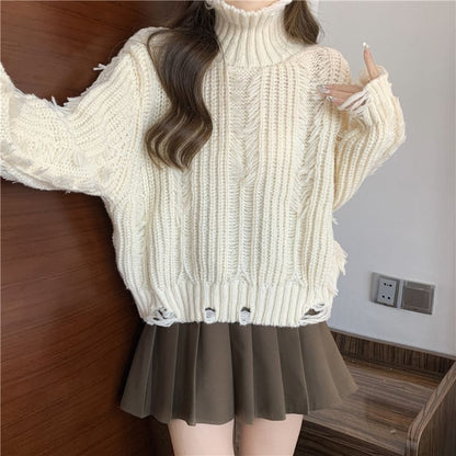 Distressed Turtleneck Cropped Sweater in 5 Colors SpreePicky