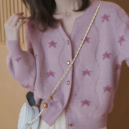 Star-Jacquard V-Neck Cardigan SpreePicky