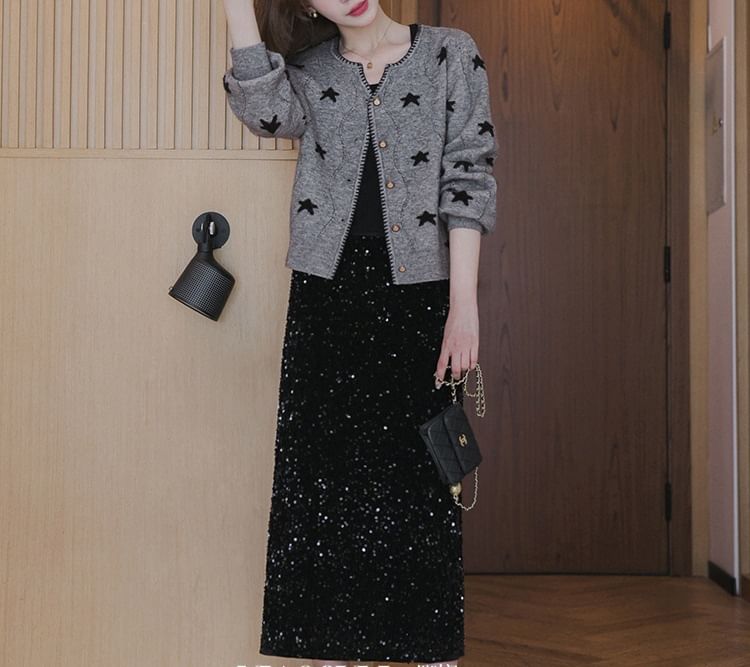 Star-Jacquard V-Neck Cardigan SpreePicky