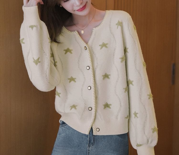 Star-Jacquard V-Neck Cardigan SpreePicky