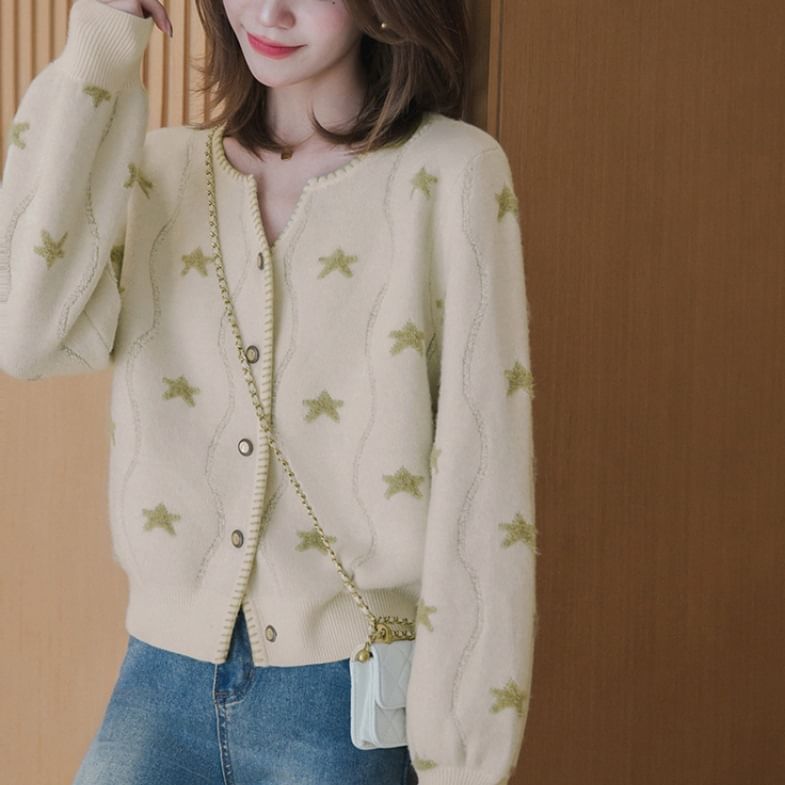 Star-Jacquard V-Neck Cardigan SpreePicky