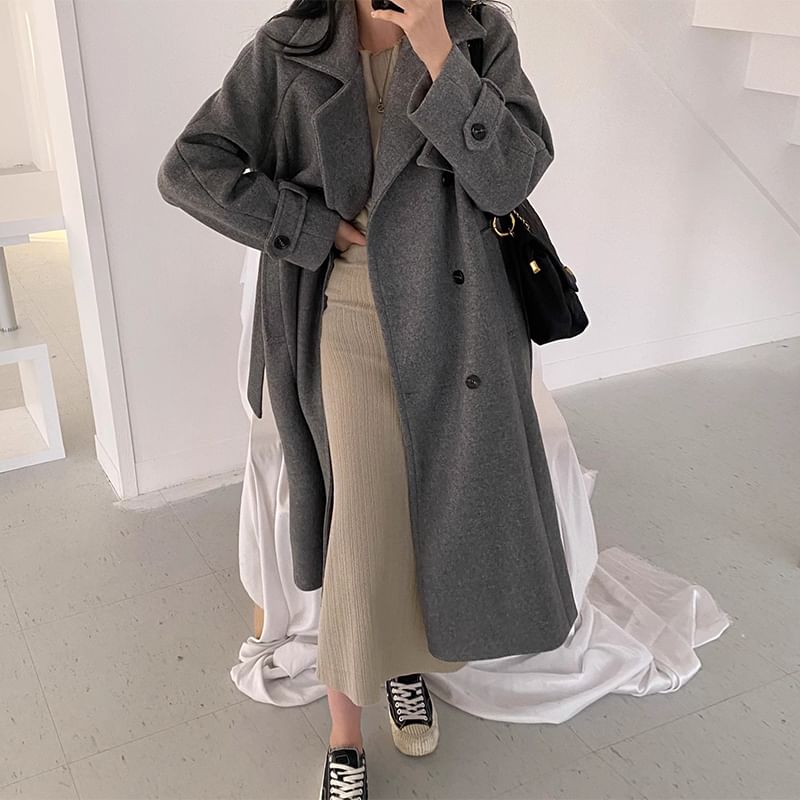 Plain Midi Double-Breasted Coat SpreePicky