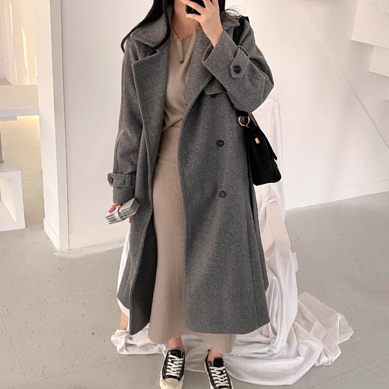 Plain Midi Double-Breasted Coat SpreePicky