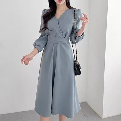 Puff-Sleeve V-Neck Plain Midi A-Line Dress SpreePicky