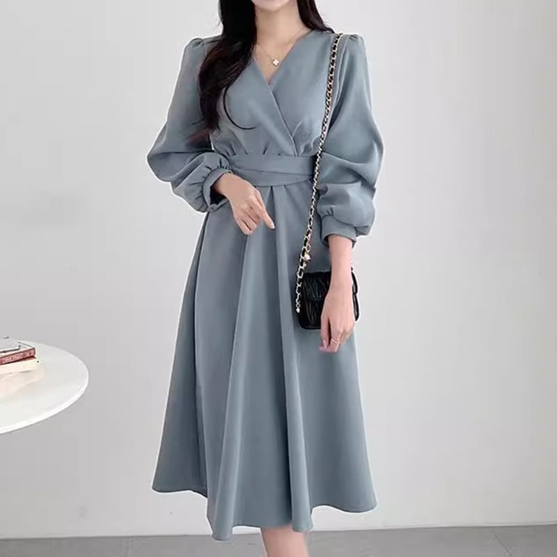 Puff-Sleeve V-Neck Plain Midi A-Line Dress SpreePicky