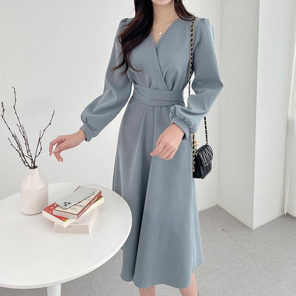 Puff-Sleeve V-Neck Plain Midi A-Line Dress SpreePicky