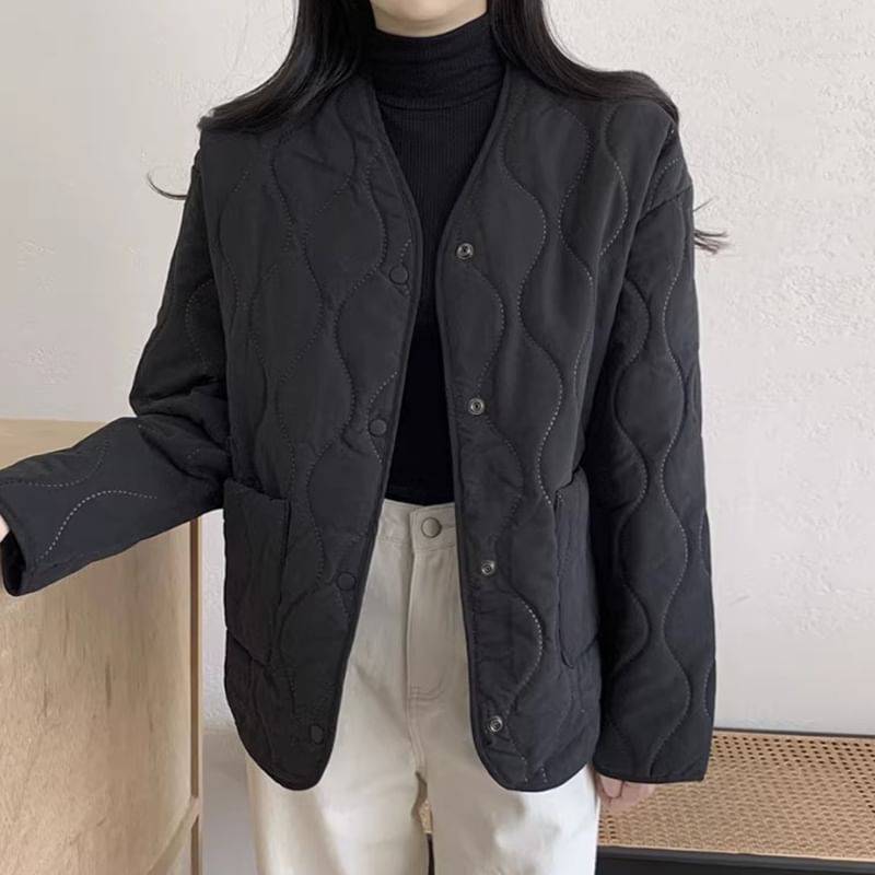 Plain Quilted Single-Breasted Jacket SpreePicky