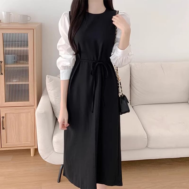 Puff-Sleeve Crew Neck Plain Tie Waist Midi Sheath Dress SpreePicky