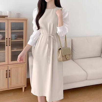 Puff-Sleeve Crew Neck Plain Tie Waist Midi Sheath Dress SpreePicky