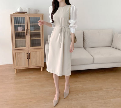 Puff-Sleeve Crew Neck Plain Tie Waist Midi Sheath Dress SpreePicky