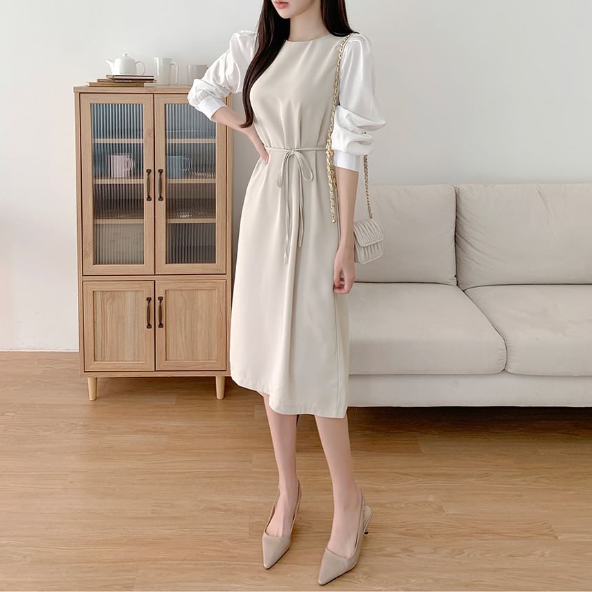 Puff-Sleeve Crew Neck Plain Tie Waist Midi Sheath Dress SpreePicky