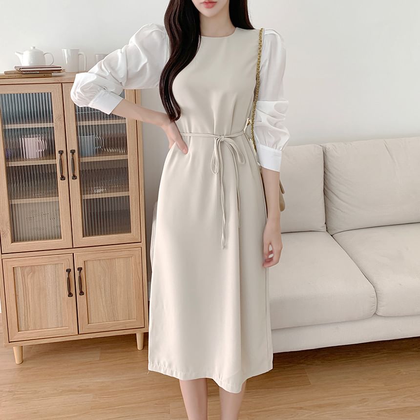 Puff-Sleeve Crew Neck Plain Tie Waist Midi Sheath Dress SpreePicky