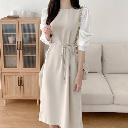 Puff-Sleeve Crew Neck Plain Tie Waist Midi Sheath Dress SpreePicky