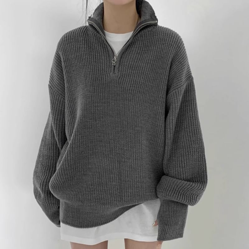 Half-Zip Plain Ribbed Oversized Sweater SpreePicky