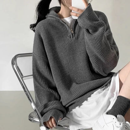 Half-Zip Plain Ribbed Oversized Sweater SpreePicky