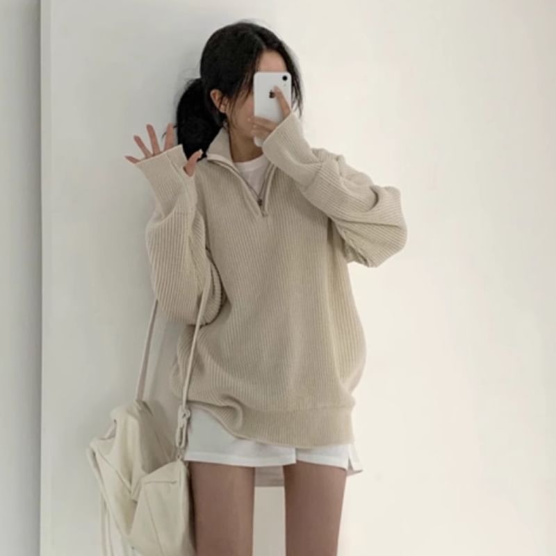 Half-Zip Plain Ribbed Oversized Sweater SpreePicky