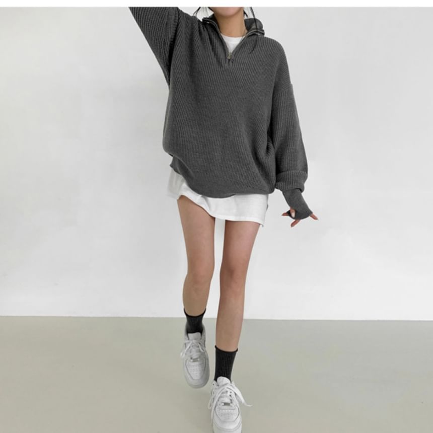 Half-Zip Plain Ribbed Oversized Sweater SpreePicky