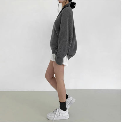 Half-Zip Plain Ribbed Oversized Sweater SpreePicky