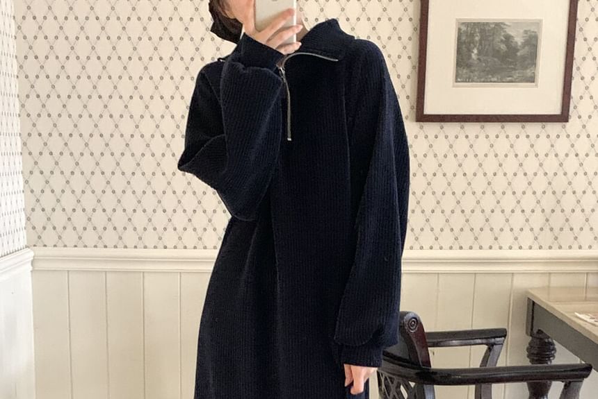 Long-Sleeve Half-Zip Plain Ribbed Maxi Sweater Dress SpreePicky