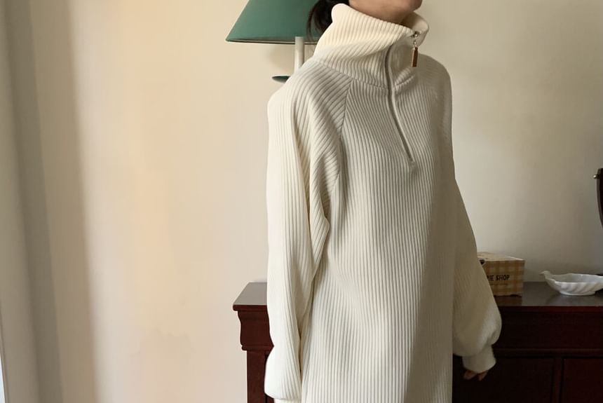 Long-Sleeve Half-Zip Plain Ribbed Maxi Sweater Dress SpreePicky