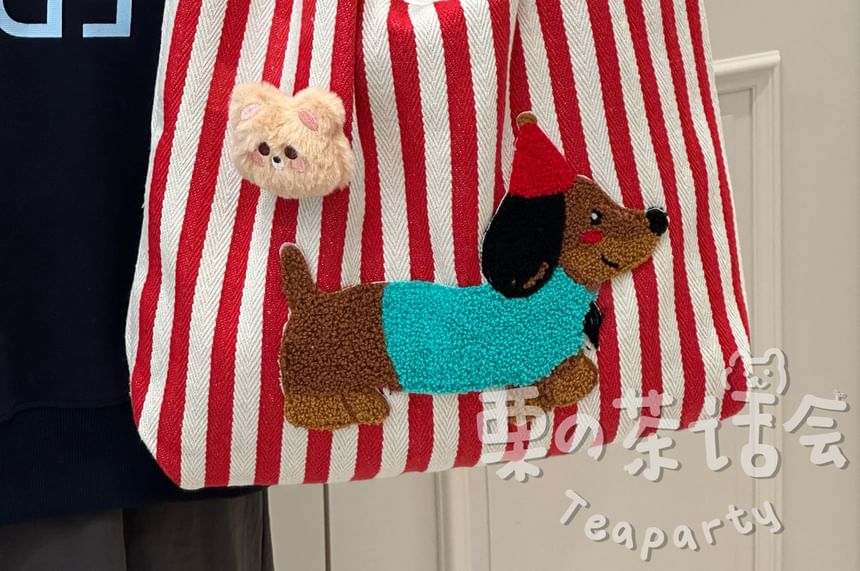 Fleece Dog Striped Canvas Tote Bag SpreePicky