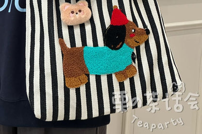 Fleece Dog Striped Canvas Tote Bag SpreePicky