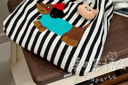 Fleece Dog Striped Canvas Tote Bag SpreePicky