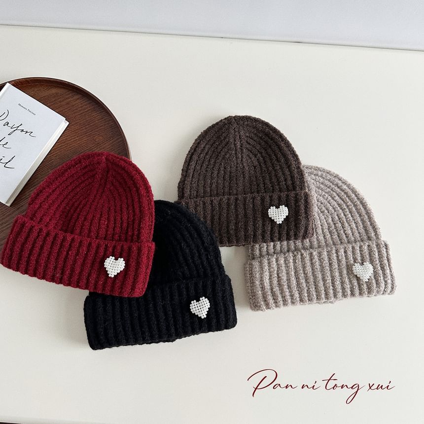 Heart Faux Pearl Knit Beanie SpreePicky