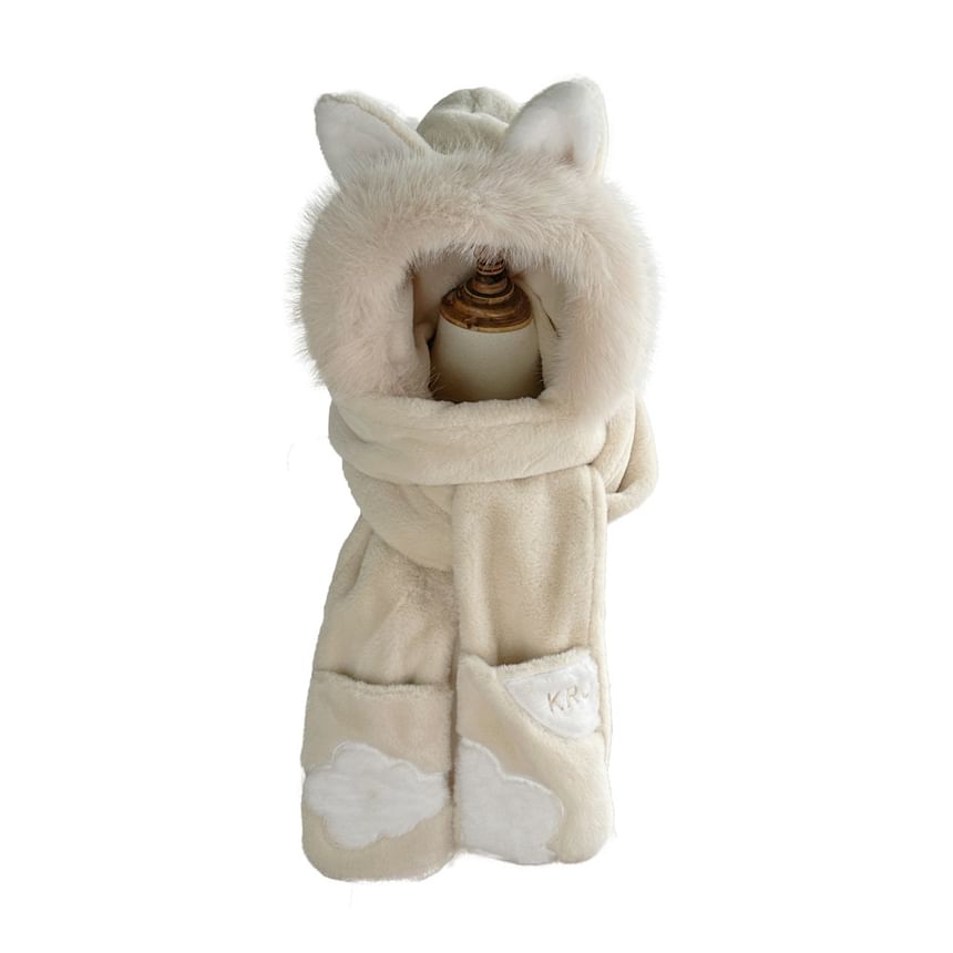 Fox Ear Faux Fur Hooded Scarf with Mitts SpreePicky