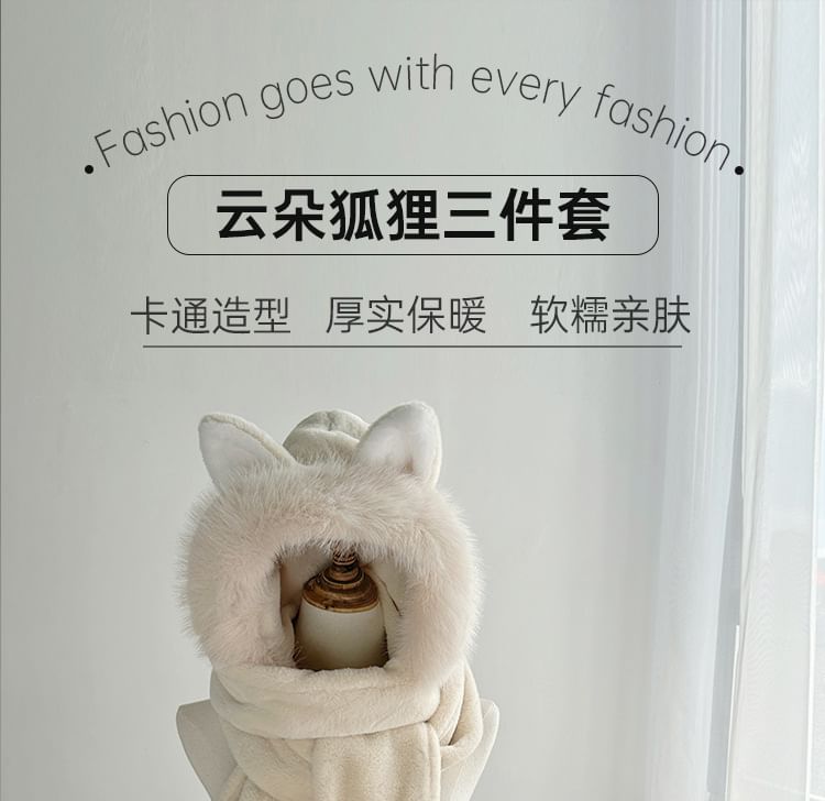 Fox Ear Faux Fur Hooded Scarf with Mitts SpreePicky