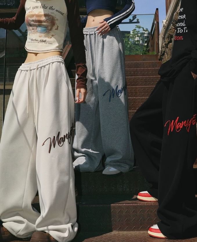 Low Rise Lettering Embroidered Loose-Fit Wide-Leg Sweatpants SpreePicky