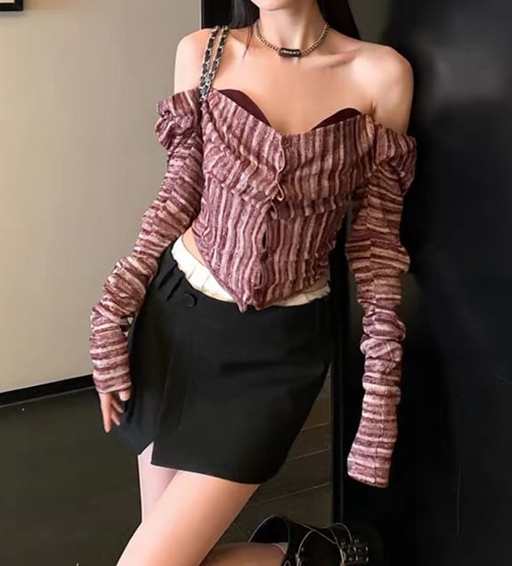 Long-Sleeve Off Shoulder Sweetheart Neckline Crop Top SpreePicky